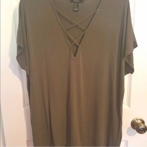 F21 olive green criss cross front tee